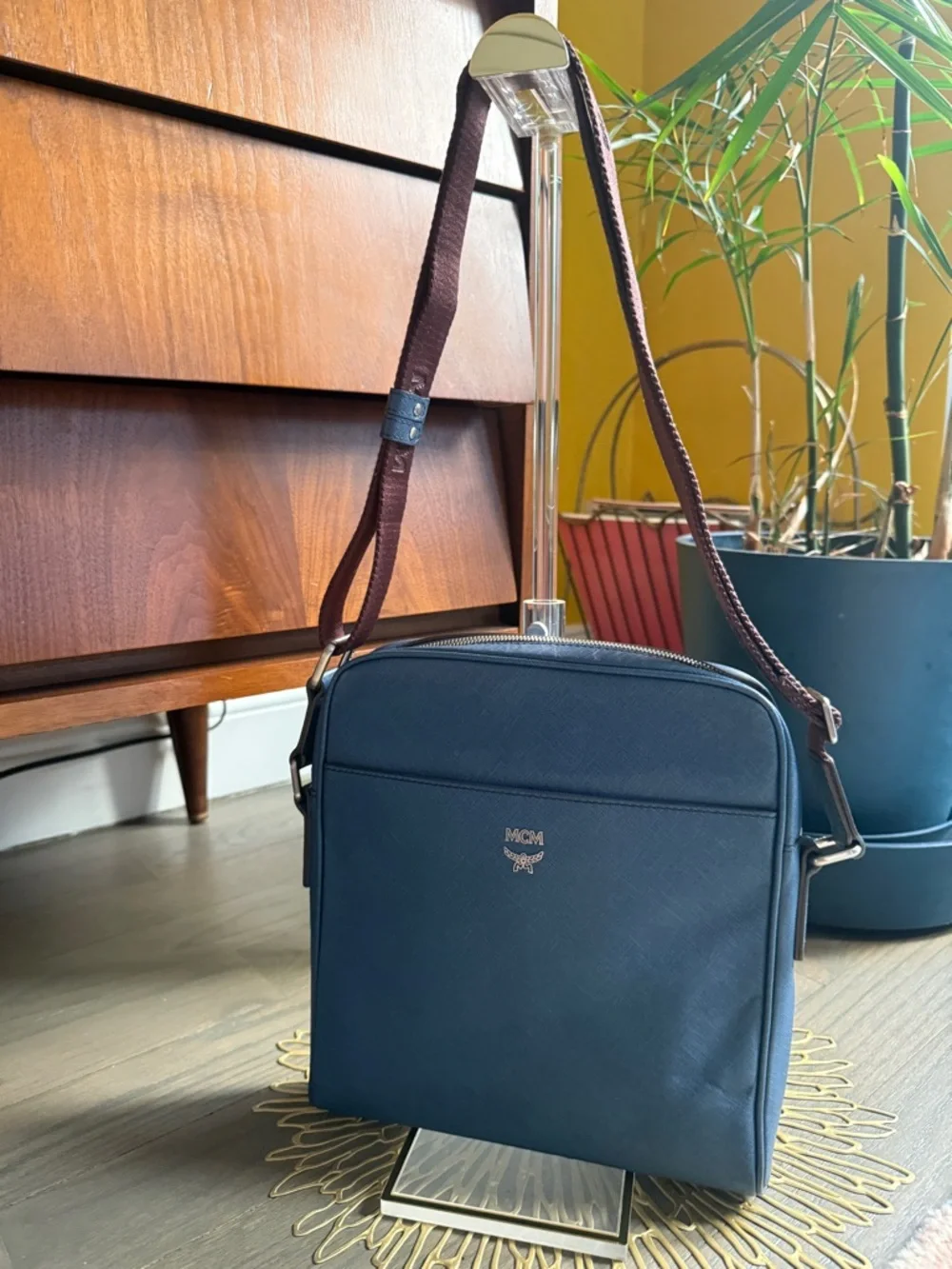 MCM Leather Dusty Blue Crossbody Messenger Bag with Brown Strap UNISEX W/ COA